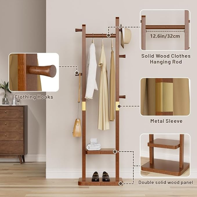 Solid Wood Coat Rack, Coat Rack Freestanding with 2 Shelves and 5 Hooks, Heavy Duty Coat Tree for Entryway，Living room，Coat Hanger Stand for Hats, Bags (Walnut Brown)-DeskLoop Office