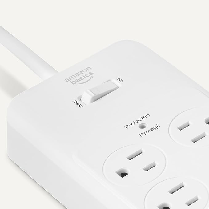 Amazon Basics Surge Protector Power Strip, 12-Outlet, 4000 Joules, 8ft Extension Cord, Rectangle, for Home, Office, Gaming Room, White-DeskLoop Office