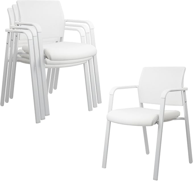 CLATINA Stacking Office Chairs | Mesh Back, Thicken Leather Seat and Arms, Ergonomic Lumbar Support | Guest Reception, Waiting, Conference, School, Party, Customer, Side, Stationary | Set of 4, White-DeskLoop Office