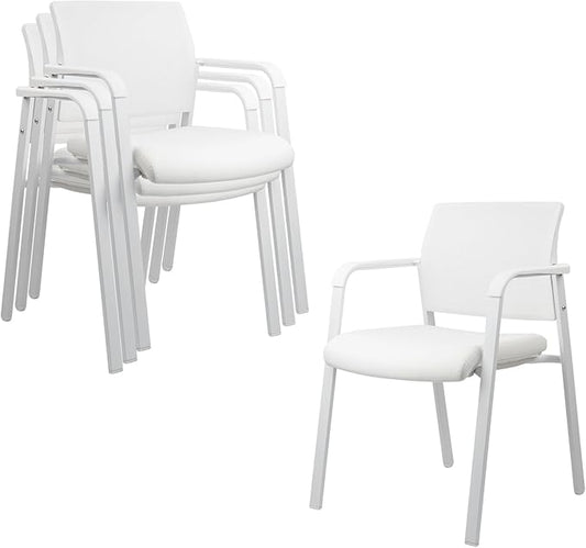 CLATINA Stacking Office Chairs | Mesh Back, Thicken Leather Seat and Arms, Ergonomic Lumbar Support | Guest Reception, Waiting, Conference, School, Party, Customer, Side, Stationary | Set of 4, White-DeskLoop Office
