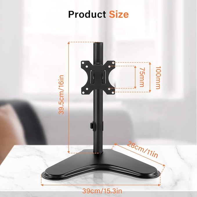 KKTONER Single Computer Monitor Stand Metal Base Free Standing Desk Vesa Mount for 13 inch to 32 inch Screen Height Adjustable Monitor Mount Full Motion Swivel Vesa 75*75mm/100*100mm Hold up 17.6Lbs-DeskLoop Office