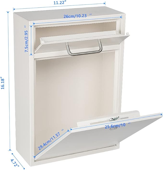 KYODOLED Steel Key Lock Mail Boxes Outdoor, Locking Wall Mount Mailbox, Security Key Drop Box, Collection Boxes,16.2H x 11.22L x 4.72W Inches, White X Large-DeskLoop Office