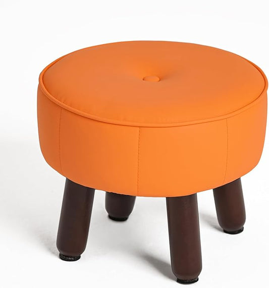 13in Small Foot Stool Ottoman, Round Faux Leather Foot Rest for Couch, Under Desk Pouf Footstool Footrest with Non-Skid Rubber Legs for Ling Room, Bedroom, 13''L x 13''W x 10.2''H, Orange-DeskLoop Office