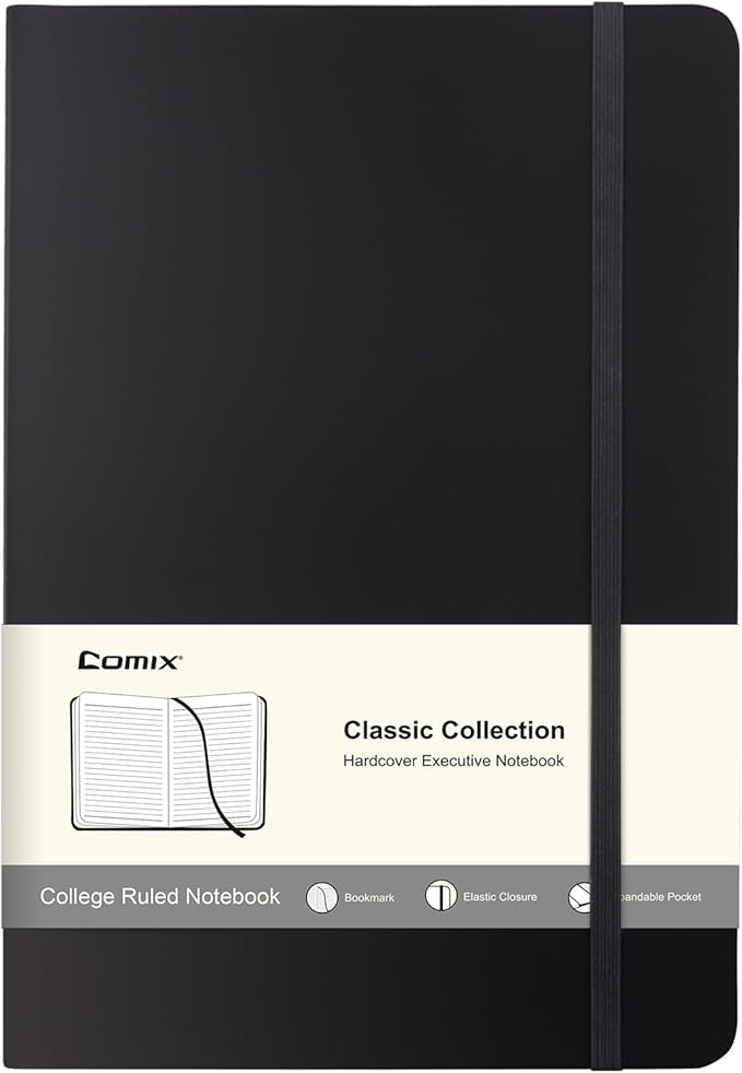 Comix Lined Journal Notebook for Women Men, Journaling Notebooks for Office School Home, 240 Pages, 5.5" x 8.3", College Ruled, A5, Hardcover, Black-DeskLoop Office