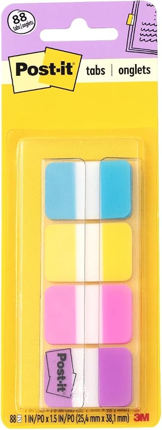 Post-it Sticky Tabs, 1 in. x 1.5 in., 4 Pads of Book Tabs in Assorted Bright by Unknown