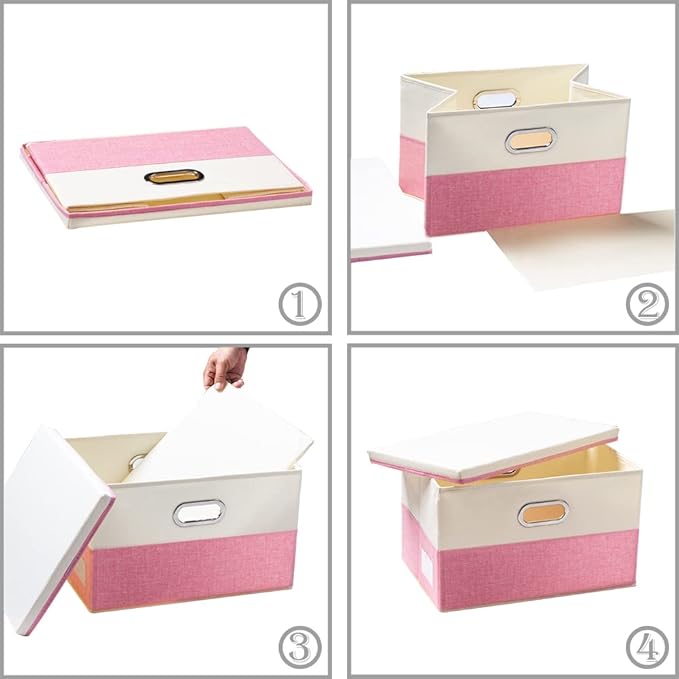 PRANDOM Collapsible Storage Bin with Lid [3-Pack] Fabric Foldable Storage Box Organizer Container Basket Cube with Cover for Home Bedroom Closet Office Nursery Pink&Cream(14.9x9.8x9.8)-DeskLoop Office