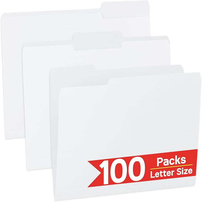 100 Packs White File Folder, Paper File Folders Letter Size, 1/3-Cut Tabs by OfficeSuppliesDirect