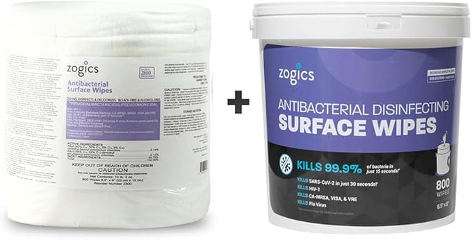Zogics Antibacterial Wipes, EPA Registered Surface and Gym Equipment Disinfecting Wipes (800 Wipes) + Reusable Wipe Bucket Dispenser-DeskLoop Office