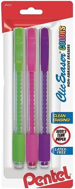 Pentel ZE21TBP3M Clic Eraser Pencil-Style Grip Eraser Assorted 3/Pack, - Image 4