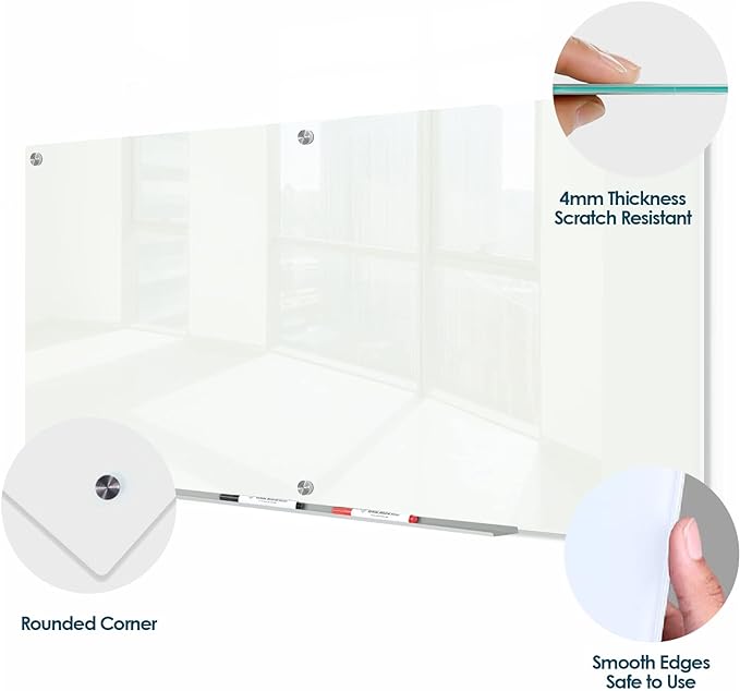 J&J worldwide Glass Dry Erase Board 6' x 3', Glass Whiteboard Magnetic, Large Frameless Glass White Boards for Walls, Includes Magnets, Marker Tray, Eraser for Office, Home, School-DeskLoop Office