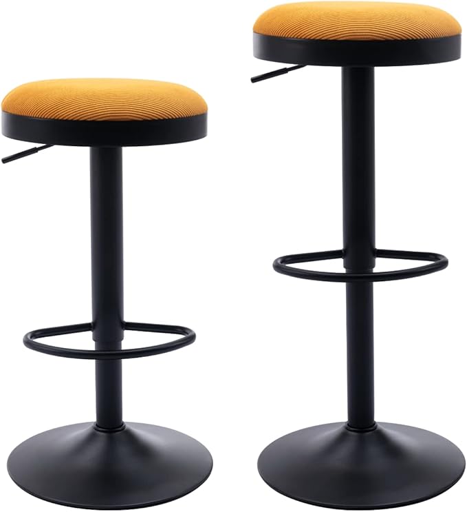 Round Swivel Counter Height Bar Stools Set of 2 Modern Adjustable Barstools Backless Corduroy Bar Chairs Industrial Island Chairs with Metal Base/Footrest for Kitchen Island/Pub/Bar, Yellow-DeskLoop Office
