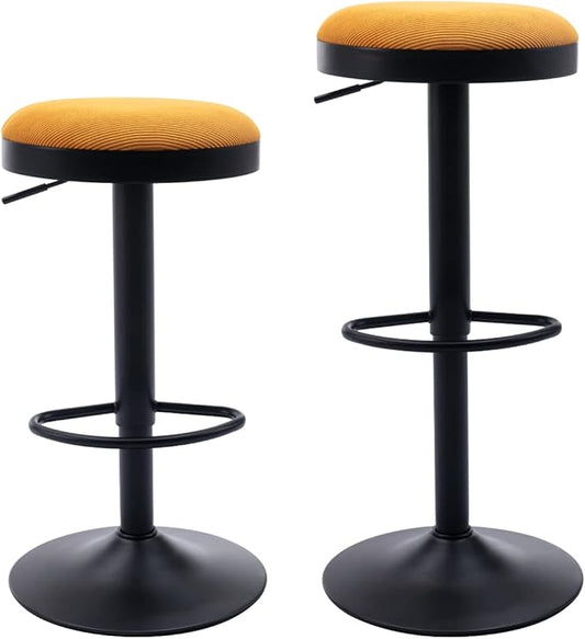 Round Swivel Counter Height Bar Stools Set of 2 Modern Adjustable Barstools Backless Corduroy Bar Chairs Industrial Island Chairs with Metal Base/Footrest for Kitchen Island/Pub/Bar, Yellow-DeskLoop Office
