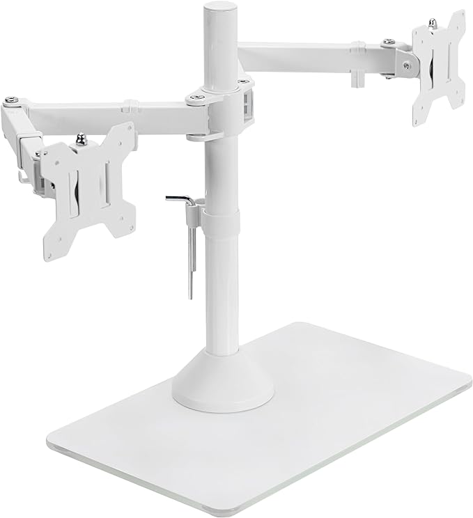 VIVO Freestanding Dual Monitor Stand with Sleek Glass Base and Adjustable Arms, Mounts 2 Screens up to 32 inch and 22 lbs Each, White, STAND-V002FGW-DeskLoop Office