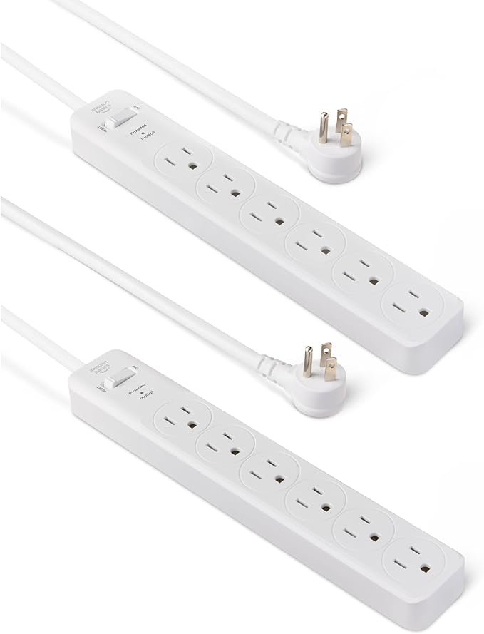 Amazon Basics Rectangle 6-Outlet, 600 Joule Surge Protector Power Strip, 2ft, Small, White, 2-Pack-DeskLoop Office