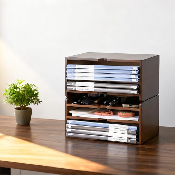 Wooden Desk Organizer with Dark Wood Finish, Stackable Paper Tray & File Holder - Image 8