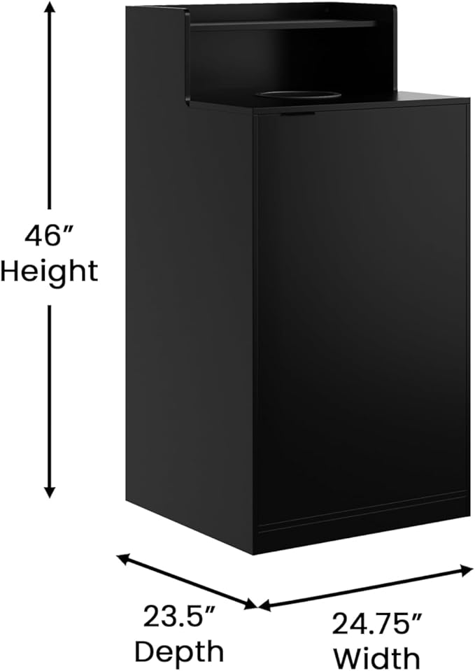 Flash Furniture Dell Trash Can Enclosure with Tray Shelf and 8" Drop Hole, Commercial Grade Trash Receptacle for 32 Gallon Round Cans, Swing Door Access, Black-DeskLoop Office