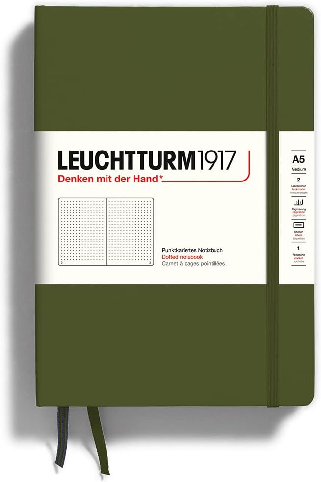 LEUCHTTURM1917 - Notebook Hardcover Medium A5-251 Numbered Pages for Writing and Journaling (Army, Dotted)-DeskLoop Office