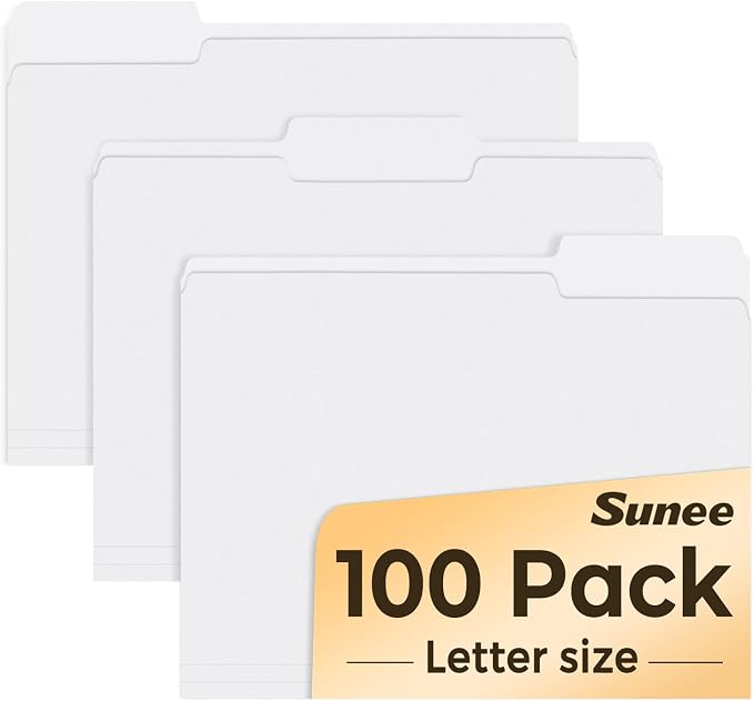 SUNEE File Folders Letter Size White, 100 Pack Manilla Folders 8.5 x 11 1/3-Cut by SUNEE