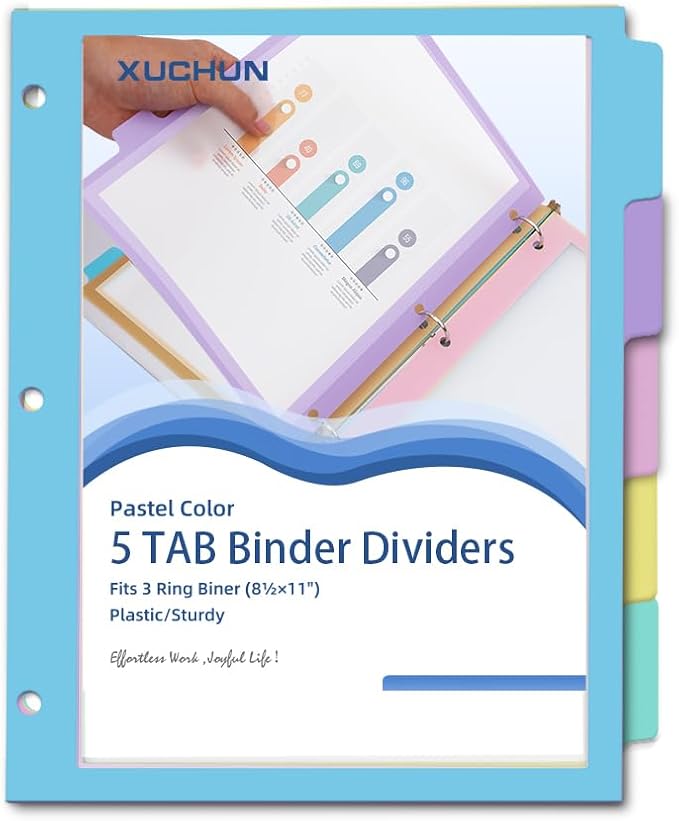 XUCHUN Binder Dividers, 5 Tab Dividers Clear Plastic Subject dividers - Image 8