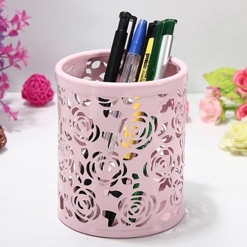 2 Pack Hollow Rose Flower Pattern Metal Pen Pencil Pot Cup Holder Desk - Image 3