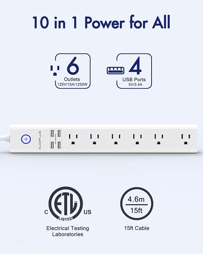 15 Ft Power Strip Surge Protector, 6 Outlets and 4 USB Ports, Flat Plug Power Strips Long Extension Cord with Overload Protection, Wall Mount for Home, Office, Dorm, ETL Listed White-DeskLoop Office