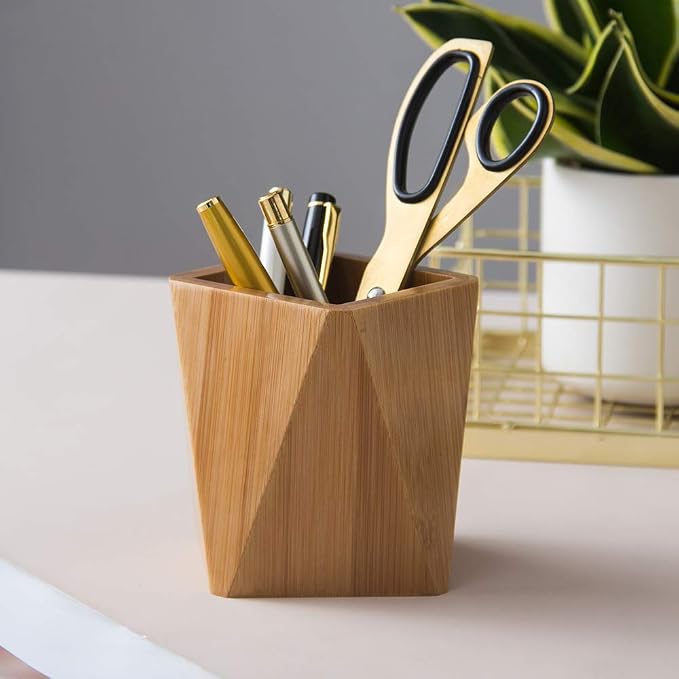 Bamboo Wood Pen Holder Stand for Desk Geometric Pencil Cup Pot Cute Desktop - Image 3