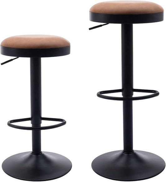 Round Swivel Counter Height Bar Stools Set of 2 Modern Adjustable Barstools Backless PU Leather Bar Chairs Industrial Island Chairs with Metal Base/Footrest for Kitchen Island/Pub/Bar, Brown-DeskLoop Office