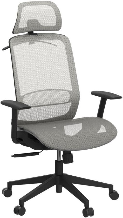 POWERSTONE Ergonomic Mesh Office Chair - High Back Computer Desk Tilt Lock Mesh Seat with Lumbar Support and Clothing Hanger, Executive Swivel Mesh Chair with Adjustable Arms and Headrest (Grey)-DeskLoop Office