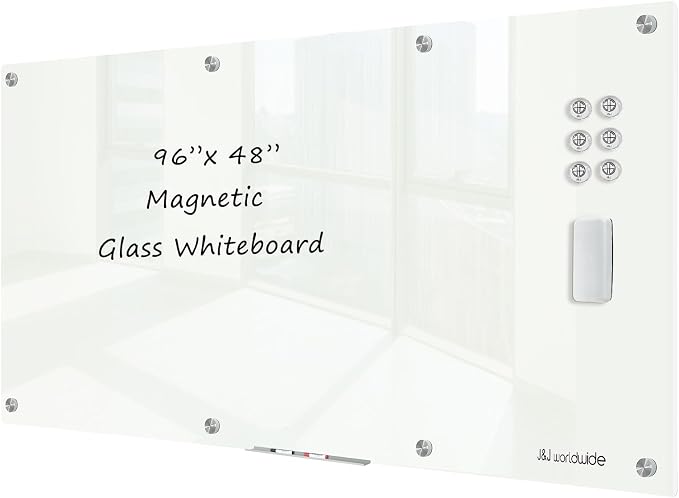 J&J worldwide Magnetic Glass Whiteboard 8' x 4', 96 x 48 Inches Large Frameless by JJworldwide