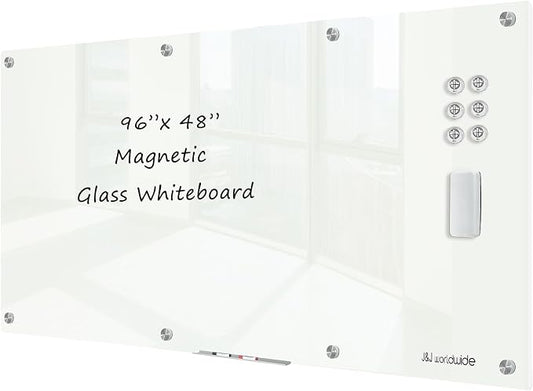 J&J worldwide Magnetic Glass Whiteboard 8' x 4', 96 x 48 Inches Large Frameless by JJworldwide