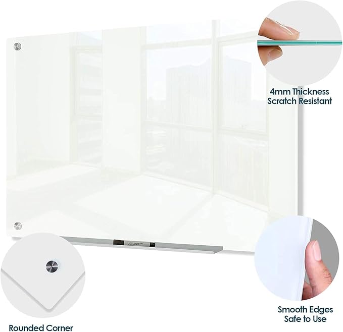 J&J worldwide Glass Dry Erase Board 23 x 35, Whiteboard Magnetic, Large Frameless White Boards for Walls, Includes Magnets, Marker Tray, Eraser for Office, Home, School-DeskLoop Office