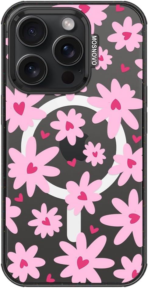 MOSNOVO Magnetic Case for iPhone 15 Pro, 10ft Military-Grade Protection, Compatible with Magsafe, Shockproof Phone Case for iPhone 15 Pro - Love in Bloom - Clear Black-DeskLoop Office