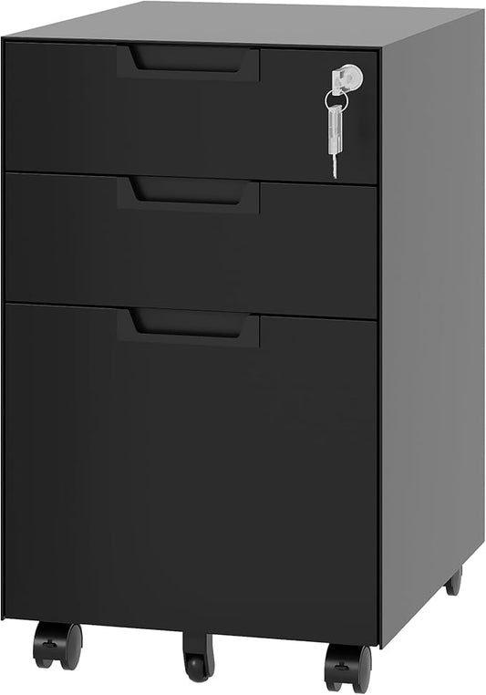3 Drawer Vertical File Cabinet, Mobile Filling Cabinets with Lock for Legal/Letter Size, Pre-Built Office Storage File Cabinet with Wheels Under Desk - Fully Assembled