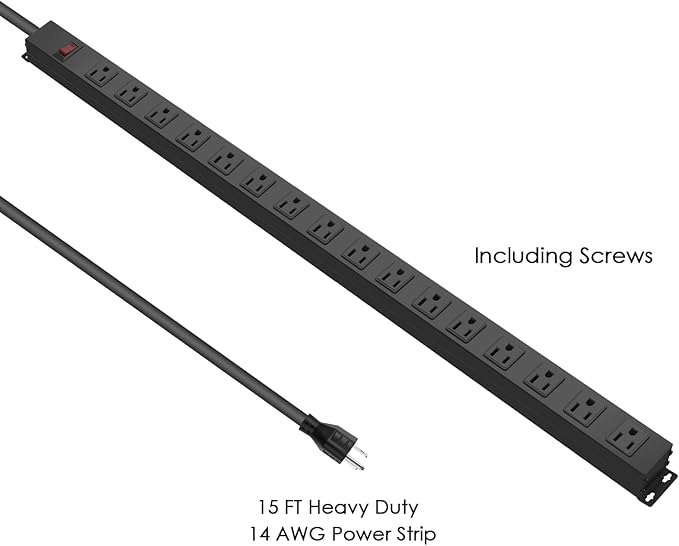 HHSOET 16-Outlet Metal Wall Mount Power Strip, 15 ft 14AWG Power Cord, 15A 125V 1875W, Black-DeskLoop Office