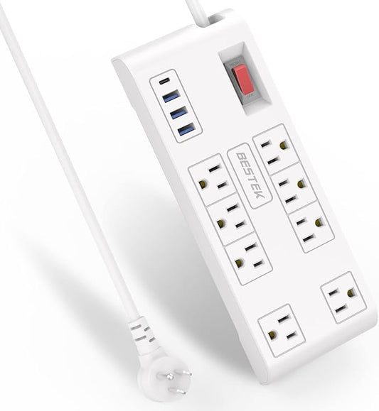 BESTEK 8 AC Outlet, 12 Feet Extension Cord Power Strip with 3 USB-A 2.4A 1USB-C 3A, MAX Output 1625W 13A, 600Joule, Ultra-Compact Wide Spaced Outlet for Large Plug-DeskLoop Office