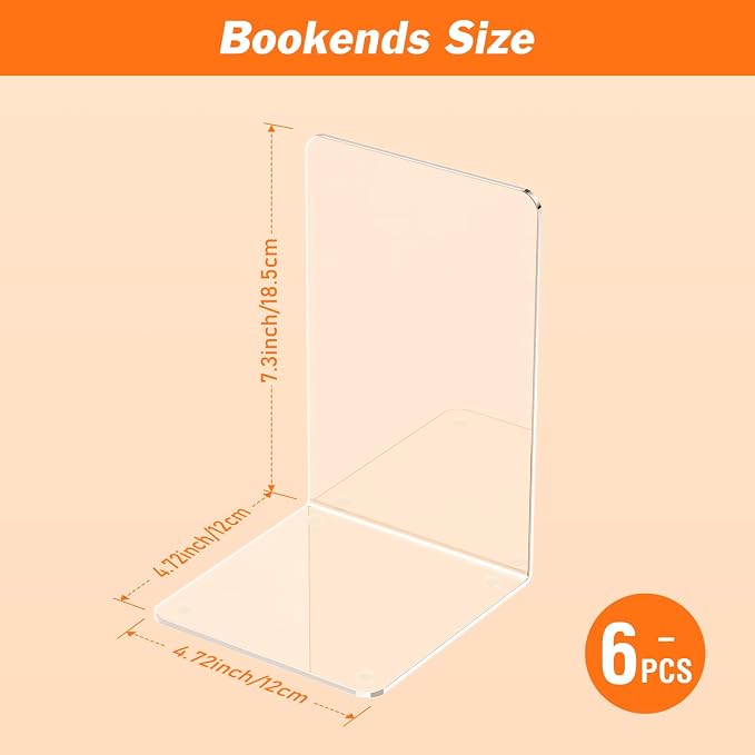 Acrylic Bookends 6 Pcs, Transparent Organizer, Holder Stand Decorative - Image 2