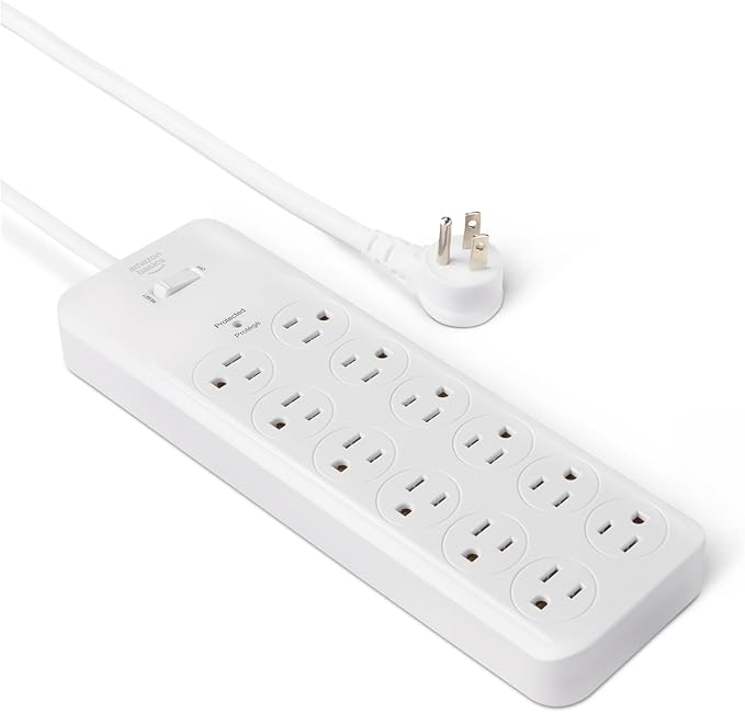 Amazon Basics Surge Protector Power Strip, 12-Outlet, 4000 Joules, 8ft Extension Cord, Rectangle, for Home, Office, Gaming Room, White-DeskLoop Office