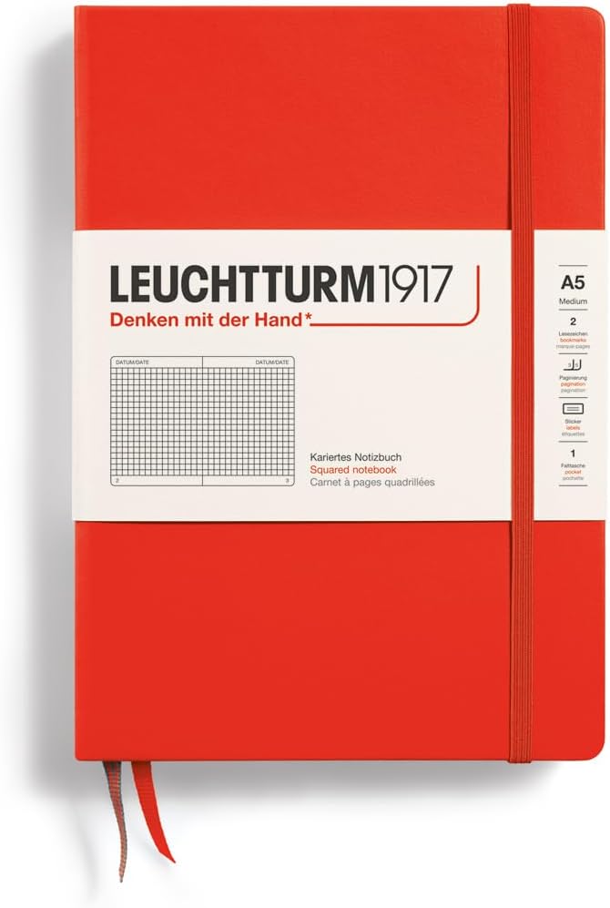 LEUCHTTURM1917 - Notebook Hardcover Medium A5-251 Numbered Pages for Writing and Journaling (Lobster, Squared)-DeskLoop Office