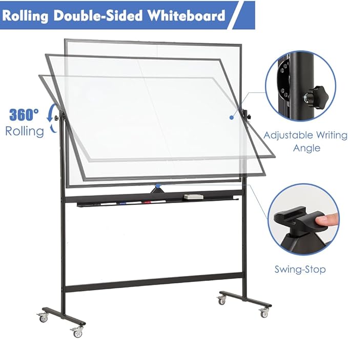 Large Magnetic Mobile Whiteboard 72"x48", Rolling Double Sided Stand Whiteboard on Wheels, Reversible Adjustable Height/Angle Dry Erase Board 6' x 4' Easel White Board for Office Classroom, Black-DeskLoop Office