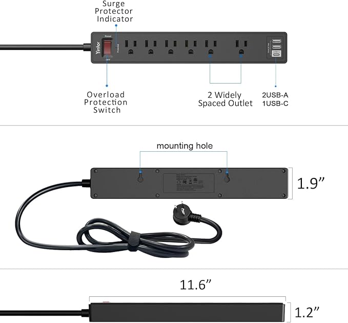 15Ft Power Strip Surge Protector - Yintar Extension Cord with 6 AC Outlets and 3 USB Ports for Home, Office, Dorm Essentials, 1680 Joules, ETL Listed, Black-DeskLoop Office