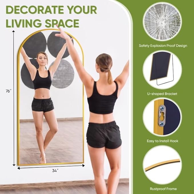 Full-Length Floor Mirror with Stand, 76"x34" Arched Style Full Body Standing Mirror for Bedroom, Living Room, Gym, Dorm - Shatter-Resistant & Easy Assembly, Gold-DeskLoop Office