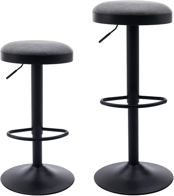 Round Swivel Counter Height Bar Stools Set of 2 Modern Adjustable Barstools Backless PU Leather Bar Chairs Industrial Island Chairs with Metal Base/Footrest for Kitchen Island/Pub/Cafe, Grey-DeskLoop Office