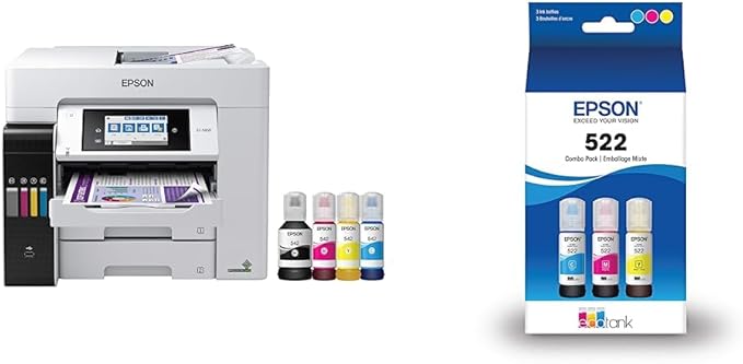 Epson EcoTank Pro ET-5850 Wireless Color All-in-One Supertank Printer, White & T522 EcoTank Ink Ultra-high Capacity Bottle Color Combo Pack (T522520-S)-DeskLoop Office