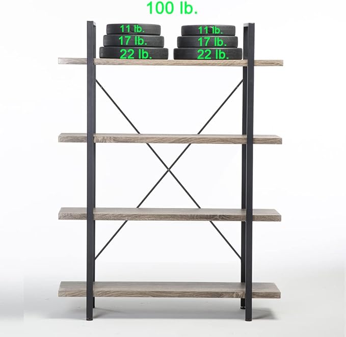 HSH 4-Shelf Vintage Industrial Bookshelf, Rustic Gray Wood and Metal 4 Tier Bookcase, Open Wide Etagere Book Shelf for Home Office Livingroom Bedroom Dispaly, Light Grey Oak-DeskLoop Office