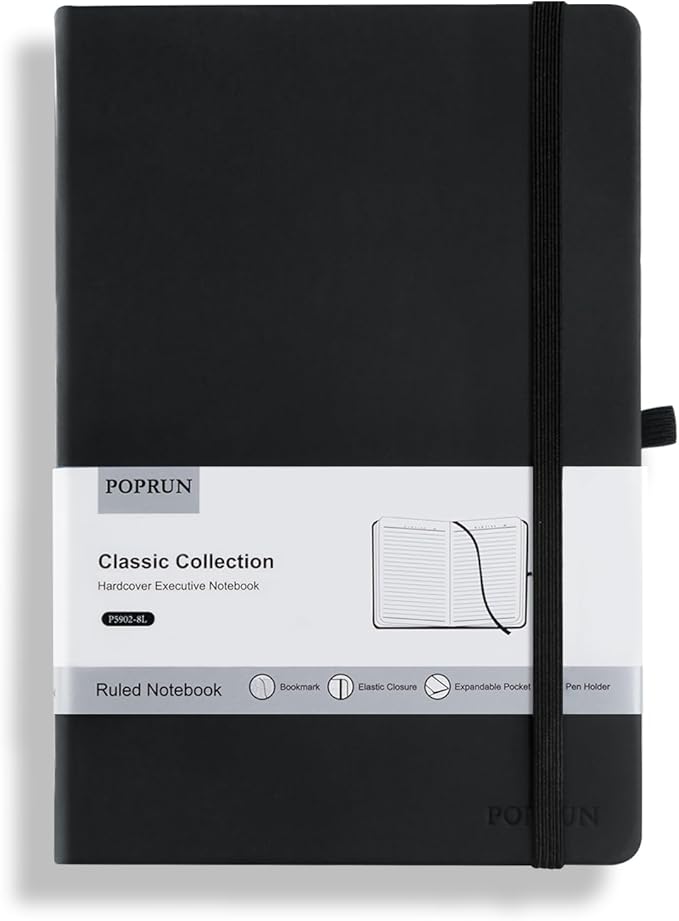 POPRUN A5 Lined Journal Notebooks, Leather Hardcover Thick Notebook for Writing, Business Work, Travel, School, College, Christmas, 5.5 x 8.3 inch, 240 Pages Classic Ruled Journals Notepad, Black-DeskLoop Office