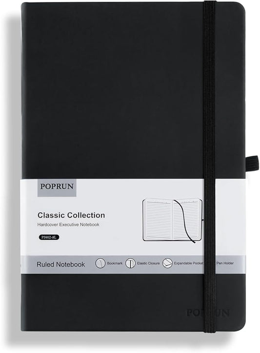 POPRUN A5 Lined Journal Notebooks, Leather Hardcover Thick Notebook for Writing, Business Work, Travel, School, College, Christmas, 5.5 x 8.3 inch, 240 Pages Classic Ruled Journals Notepad, Black-DeskLoop Office