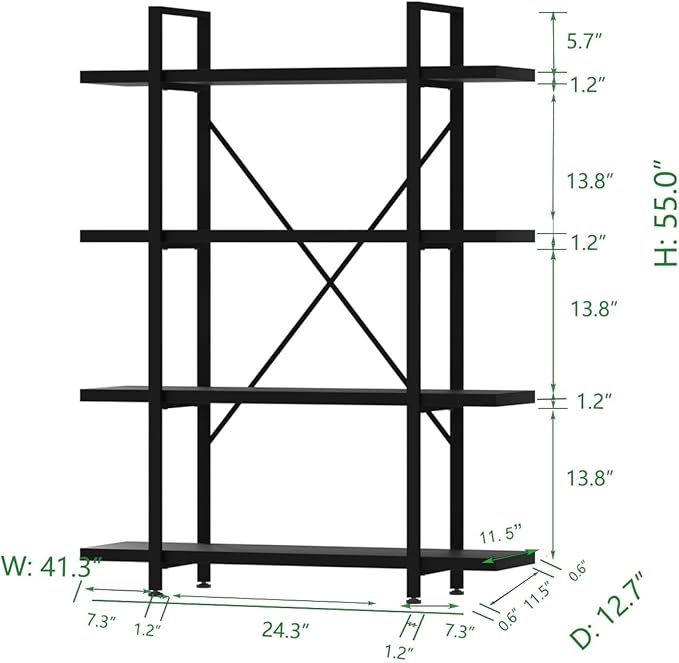 HSH 4 Tier Black Bookshelf, Industrial Metal Wood Storage Book Shelves, Modern Open 4 Shelf Bookcase and Display Etagere, Vertical Book Shelf for Bedroom Living Room Office-DeskLoop Office