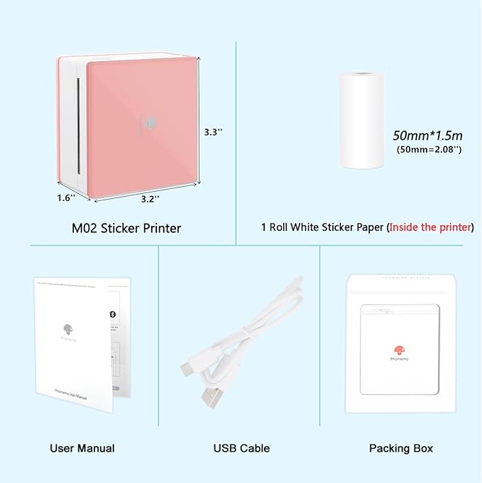 Phomemo Mini Sticker Printer- Mini Printer Sticker Maker Machine M02, Print Pods Suitable for Creative DIY, Diaries, Photos, Study Notes, Portable Thermal Inkless Label Maker for Home/Travel, Pink-DeskLoop Office