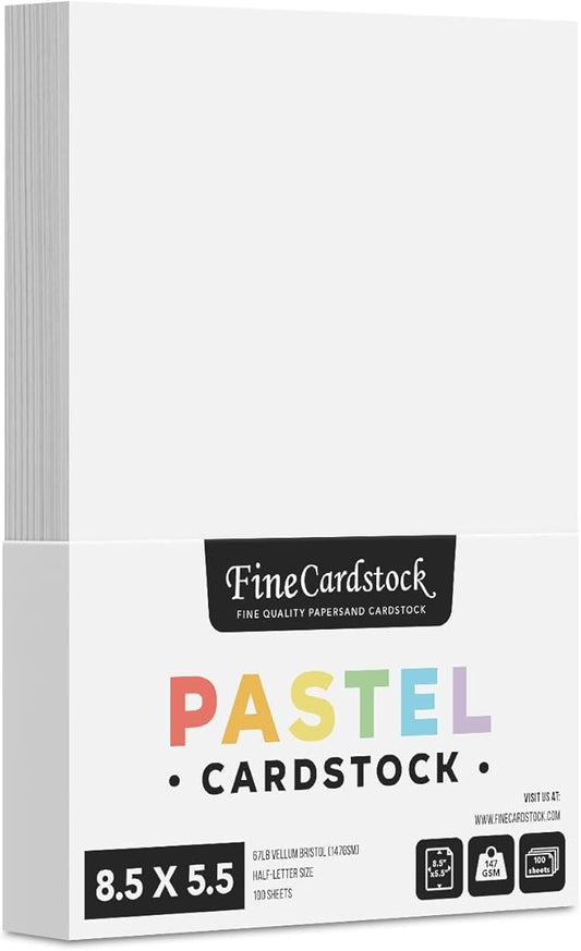 Half Letter Size, 8.5" x 5.5" Pastel Color Cardstock Paper for Arts and Crafts, Scrapbooking, Stationery Printing | Medium Weight 67lb Vellum Bristol (147gsm) Card Stock | 100 Sheets per Pack | White-DeskLoop Office