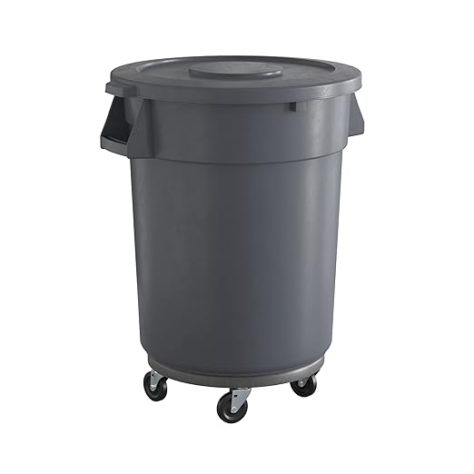 32 Gallon Gray Round Commercial Trash Can with Lid and Dolly-DeskLoop Office